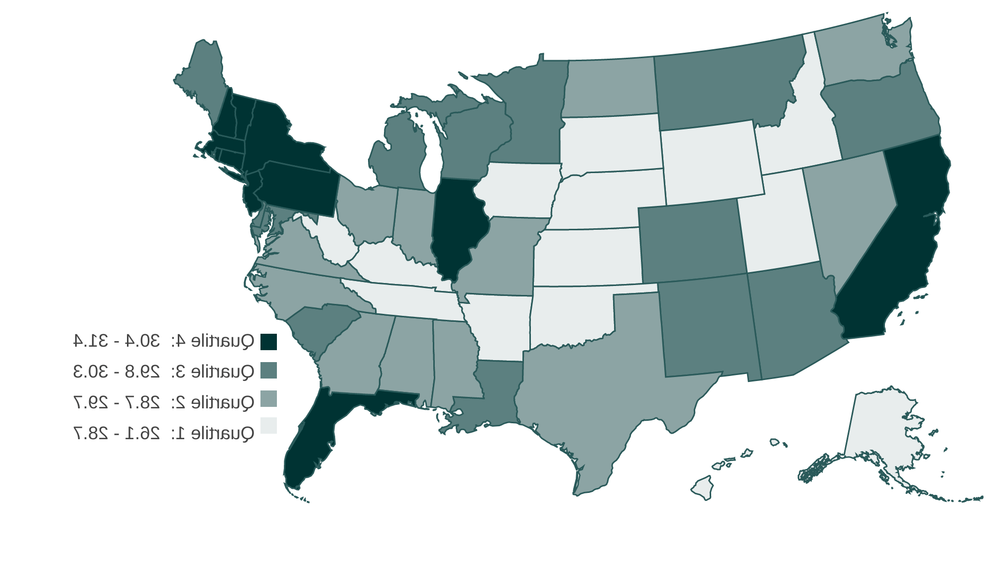 2017年美国蓝绿色地图，按四分位数显示男性首次结婚年龄中位数